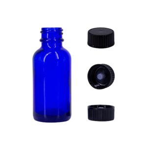 1 oz Cobalt Blue Glass Boston Round Bottles With Black Ribbed Cap - Pack of 24