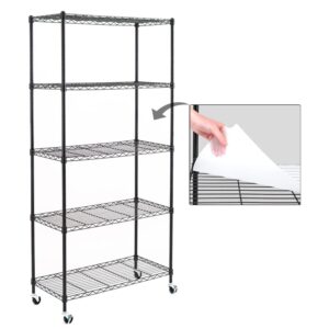 efine 5-shelf shelving units and storage on wheels with shelf liners set of 5, nsf certified, adjustable carbon steel wire rack for garage, kitchen, office(63h x 30w x 14d)