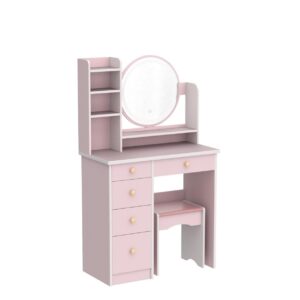 ECACAD Vanity Desk Set with LED Lighted Round Mirror, Makeup Dressing Table with 5 Drawers, Storage Shelves & Cushioned Stool for Bedroom, Pink