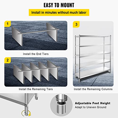 VEVOR Storage Shelf, 5-Tier Storage Shelving Unit, Stainless Steel Garage Shelf, 70.9 x 17.7 x 70.9 inch Heavy Duty Storage Shelving, 1650 Lbs Total Capacity with Adjustable Height