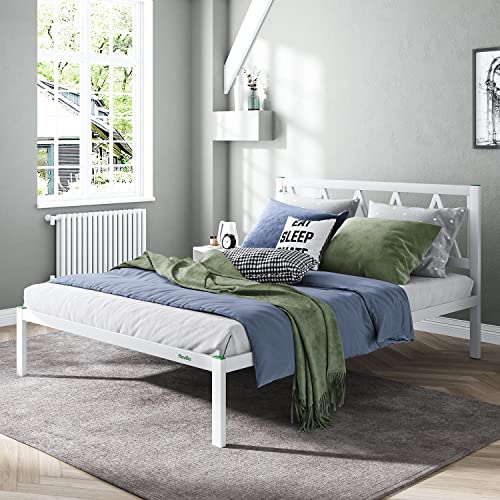 Novilla 14 Inch Queen Size Bed Frame with Headboard, Platform Bed Frame No Box Spring Needed, Metal Queen Bed Frame with Storage Space, Wooden Slats Support, Easy Assembly, White