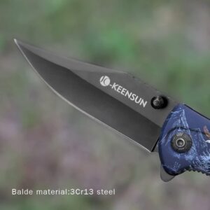 KEENSUN Pocket Folding Knife –Tactical Knife, Hunting Knife, Flipper Knife,EDC Knife.Speed Safe Spring Assisted Opening Knifes with Liner Lock,Thumb stud and Pocketclip.Good for Camping, Hiking, Indoor and Outdoor Activities,Native american & wolf 3D Prin