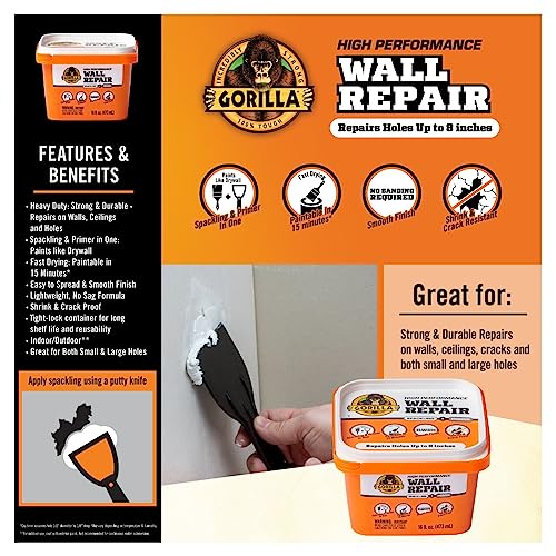 Gorilla Heavy Duty Wall Repair Spackling + Primer, 16 Ounce Tub,White