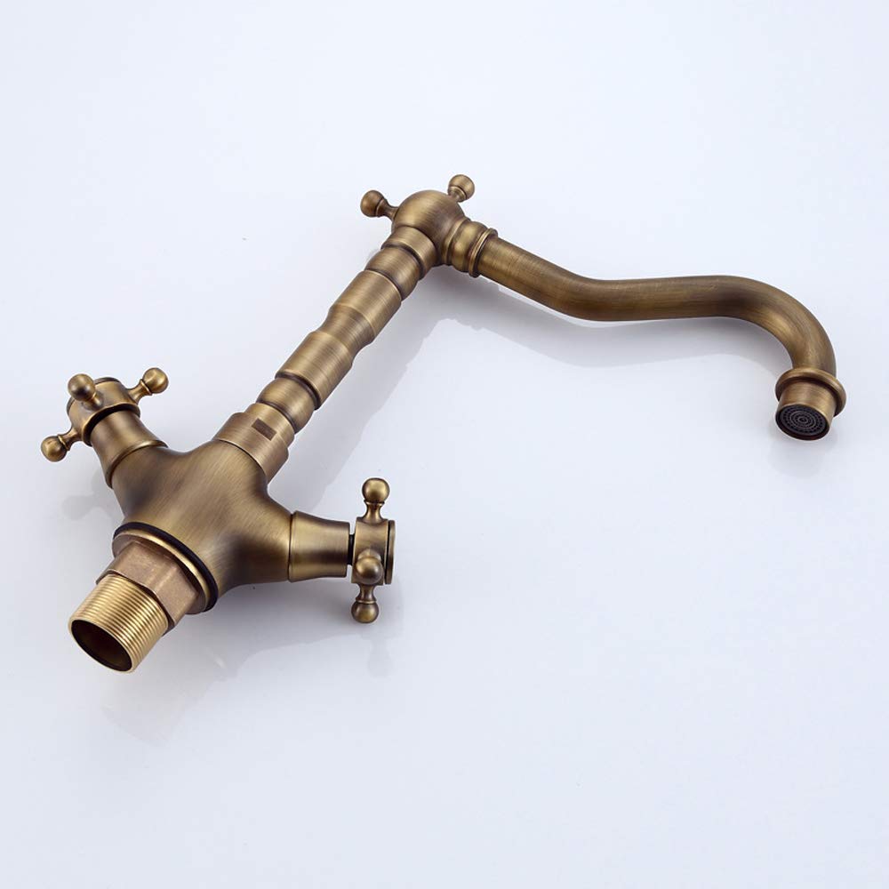 Bathtub Antique Copper Kitchen Tap Brass Lavatory Faucet Kitchen Sink Brushed Tap Washroom Gentle Vintage Faucet for Hot and Cold Water Kitchen Mixer Tap Dual- Lever Sw