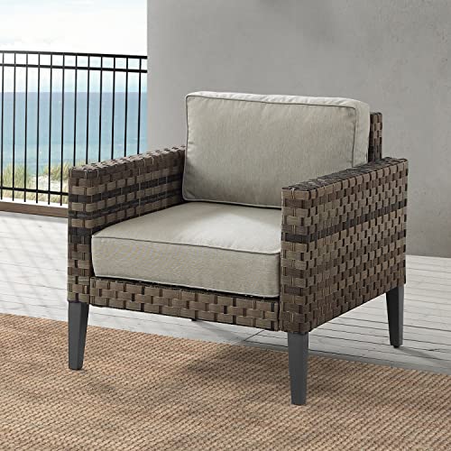 Crosley Furniture Prescott Outdoor Chair, Wicker Patio Chairs for Porch, Deck, Balcony, Backyard, Brown with Taupe Cushions