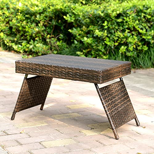 AC Pacific Portable Folding Wicker Table for Eating, Outdoor Deck Furniture with Weather-Resistant Rattan, Rectangle Foldable Patio Coffee Stand, Easy to Clean, 23 Inch Wide, Brown