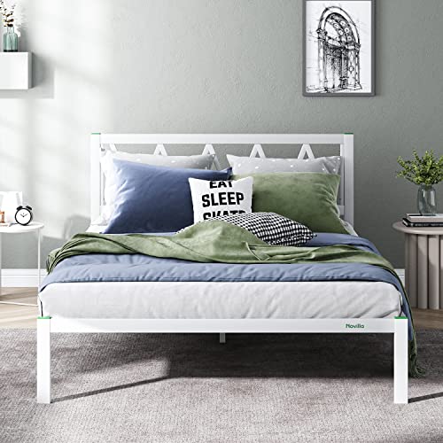 Novilla 14 Inch Queen Size Bed Frame with Headboard, Platform Bed Frame No Box Spring Needed, Metal Queen Bed Frame with Storage Space, Wooden Slats Support, Easy Assembly, White