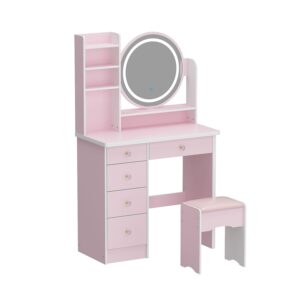 ECACAD Vanity Desk Set with LED Lighted Round Mirror, Makeup Dressing Table with 5 Drawers, Storage Shelves & Cushioned Stool for Bedroom, Pink