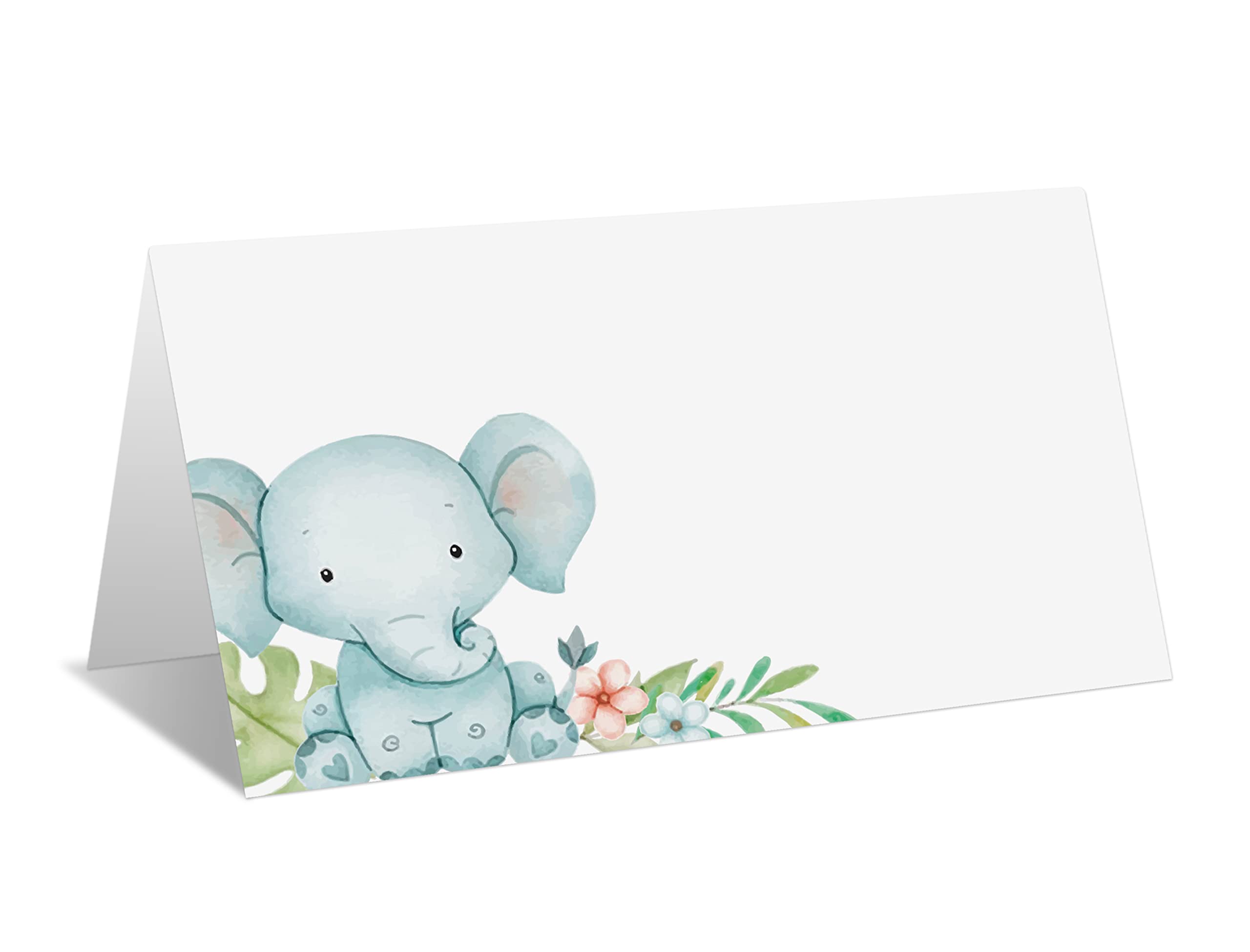 Place Cards for Blue Elephant Party, Editable Name Place Cards, Seating Place Cards for Tables, Tent Style Cards for Baby Shower, Birthday Party, Easy Folding, Pack of 25 Escort Cards(B04)