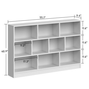 ECACAD Bookcase, Wood Bookshelf with 3 Tier Open Shelves, 10-Cube Storage Organizer Display Shelf for Living Room, Home Office, White (55.1”L x 9.4”W x 40.9”H)