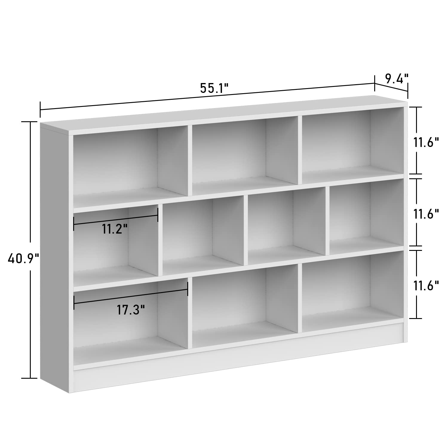 ECACAD Bookcase, Wood Bookshelf with 3 Tier Open Shelves, 10-Cube Storage Organizer Display Shelf for Living Room, Home Office, White (55.1”L x 9.4”W x 40.9”H)