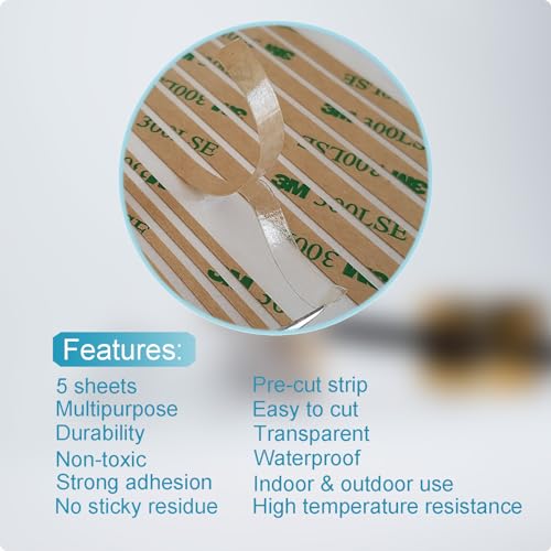 HIKIYEAT Double Sided Tape,Clear Adhesive Tape,Heavy Duty Thin Transfer Tape,Sticky,Waterproof,5 Sheet(Strips,Sheet) for Repair Cell Phone,DIY,Home,Automotive Deco