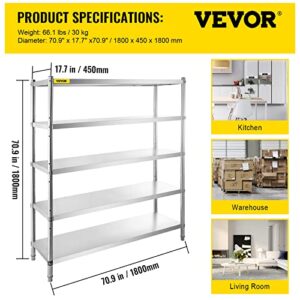 VEVOR Storage Shelf, 5-Tier Storage Shelving Unit, Stainless Steel Garage Shelf, 70.9 x 17.7 x 70.9 inch Heavy Duty Storage Shelving, 1650 Lbs Total Capacity with Adjustable Height