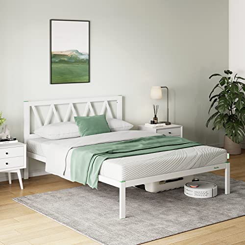 Novilla 14 Inch Queen Size Bed Frame with Headboard, Platform Bed Frame No Box Spring Needed, Metal Queen Bed Frame with Storage Space, Wooden Slats Support, Easy Assembly, White