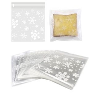 fazhbary 100 pcs snowflake cellophane bags 5.4 x 6.8 inch clear self sealing cellophane bags christmas plastic bags for candy cookie bakery supplies