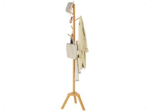 sywhitta coat rack stand, premium bamboo free standing coat rack with 6 hooks, easy installation clothes hanger stand, burlywood