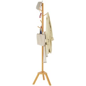 Sywhitta Coat Rack Stand, Premium Bamboo Free Standing Coat Rack with 6 Hooks, Easy Installation Clothes Hanger Stand, Burlywood