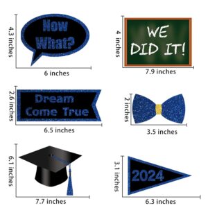 2024 Graduation Decorations Party Supplies Photo Booth Props, Blue Black Gold Graduation Pose Signs for Graduation Party, Upgraded Version with Long Paper Sticks and Long Double-Side Tapes 35Pcs