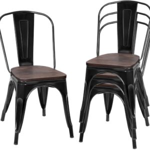 S AFSTAR 18 Inch Dining Chair Set of 4, Stackable Metal Chairs w/Wood Top Seat, Bistro Cafe Side Chair w/High Backrest for Kitchen Patio Restaurant Indoor (Black)