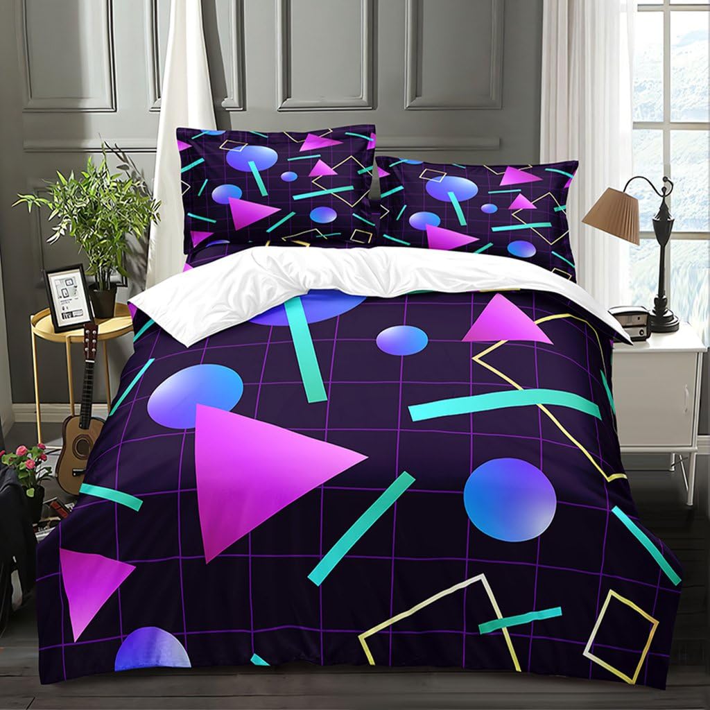 Geometric Duvet Cover Set Queen Include 1 Duvet Cover 2 Pillowcases Vaporwave 80'S Style Retro 1980S Neon Party Geometric Graphic Comforter Cover Microfiber Soft Bedding Sets