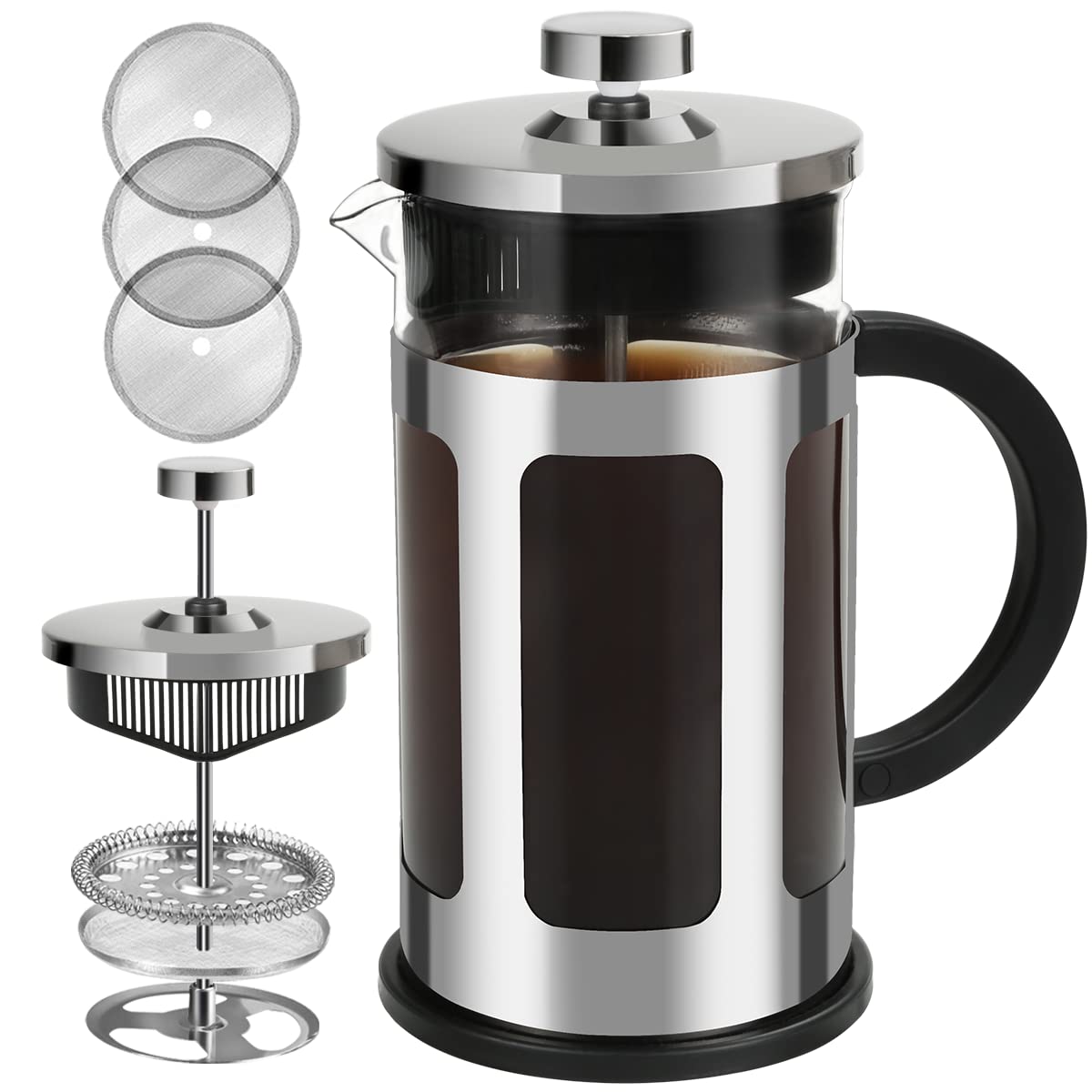 FAVIA 34 Ounce French Press Coffee Maker Heat Resistant Thick Glass with Stainless Steel Coffee Tea Press Dishwasher Safe (34oz, Stainless Silver)