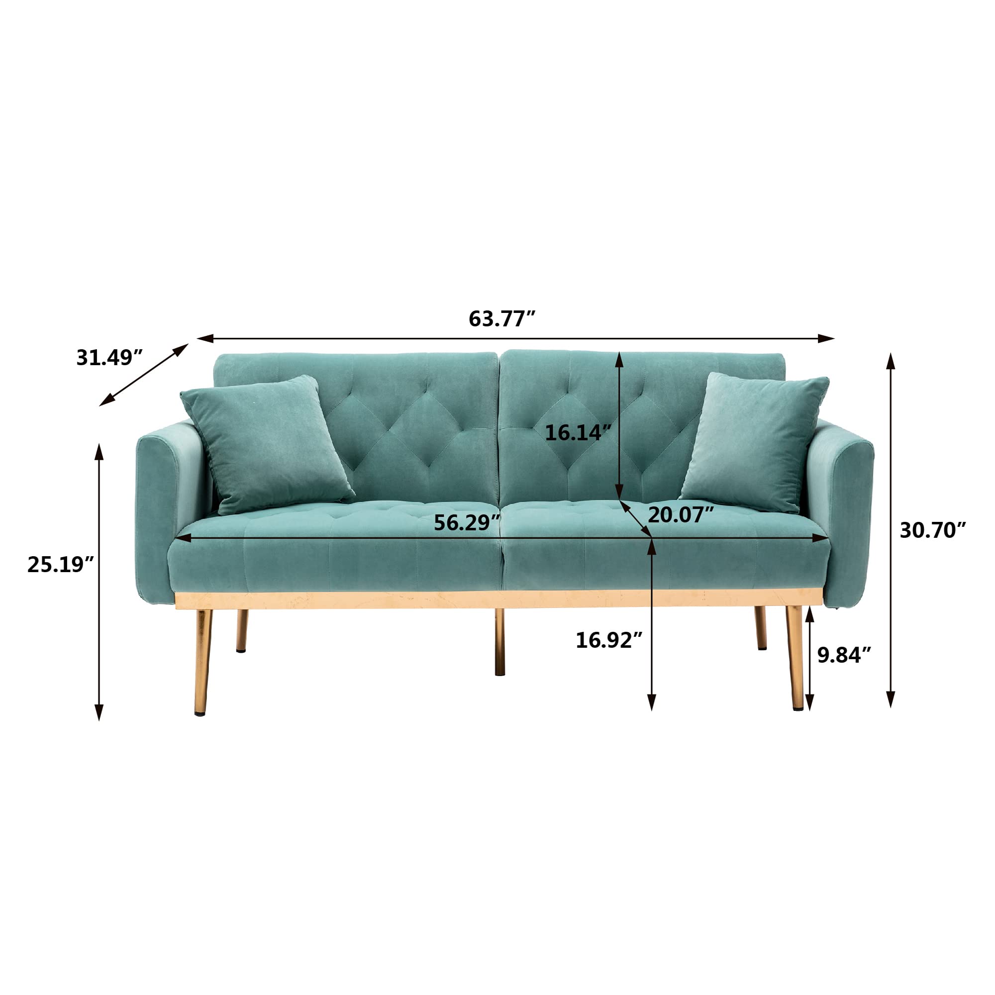 SZLIZCCC 65" Velvet Sofa Couch,Convertible Futon Sofa Bed,Comfy Recliner Couch with Gold Metal Feet,Mid Century Modern Accent Loveseat Sofa for Home Living Room Bedroom