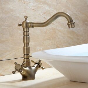 Bathtub Antique Copper Kitchen Tap Brass Lavatory Faucet Kitchen Sink Brushed Tap Washroom Gentle Vintage Faucet for Hot and Cold Water Kitchen Mixer Tap Dual- Lever Sw