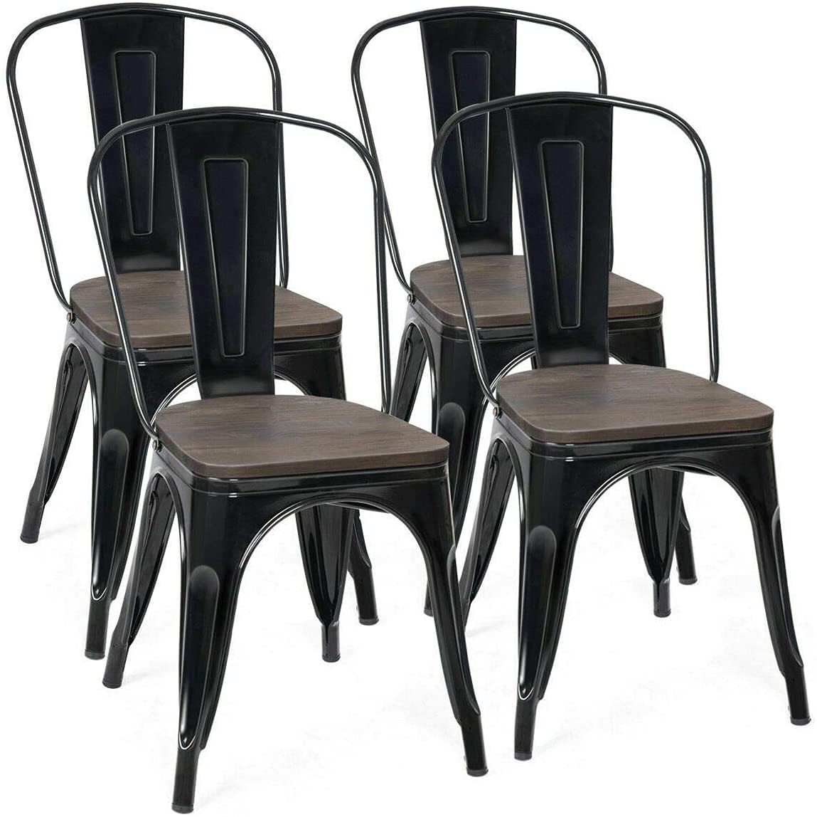 S AFSTAR 18 Inch Dining Chair Set of 4, Stackable Metal Chairs w/Wood Top Seat, Bistro Cafe Side Chair w/High Backrest for Kitchen Patio Restaurant Indoor (Black)