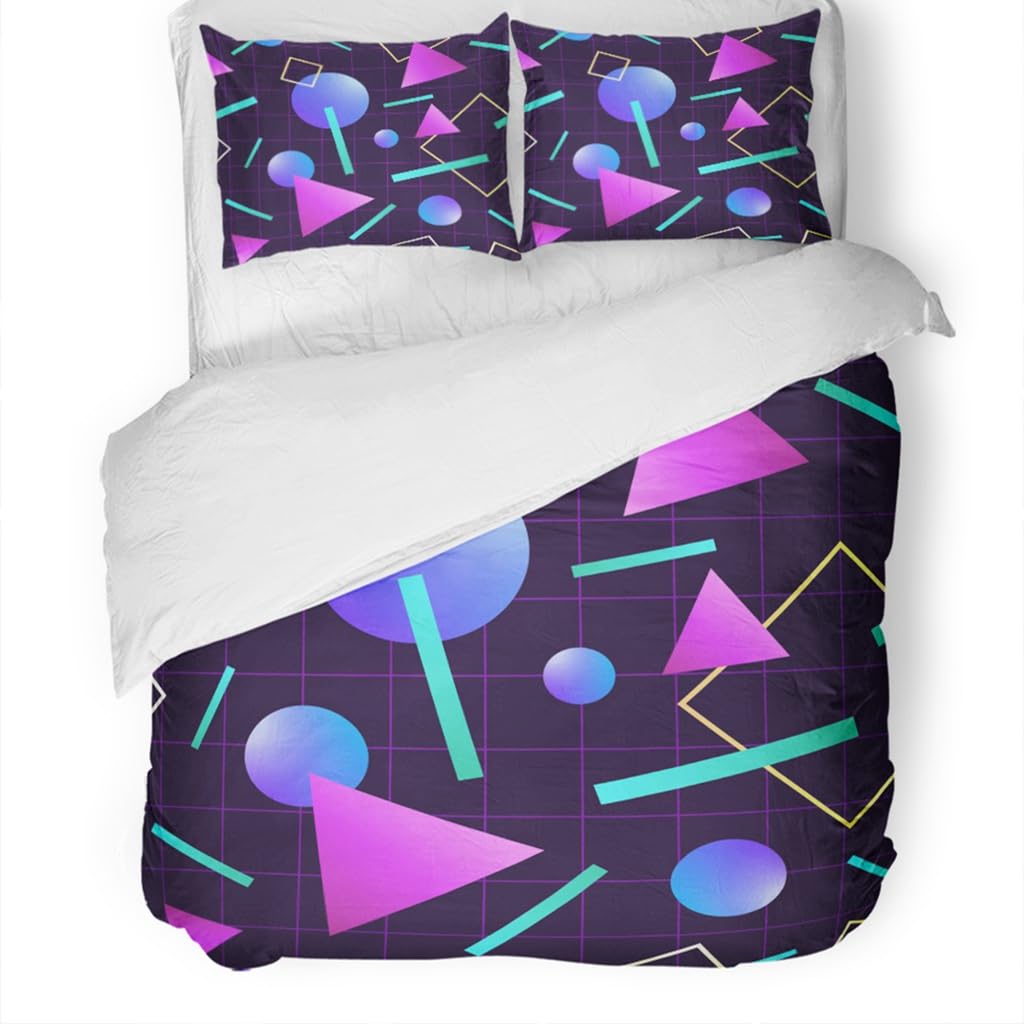 Geometric Duvet Cover Set Queen Include 1 Duvet Cover 2 Pillowcases Vaporwave 80'S Style Retro 1980S Neon Party Geometric Graphic Comforter Cover Microfiber Soft Bedding Sets