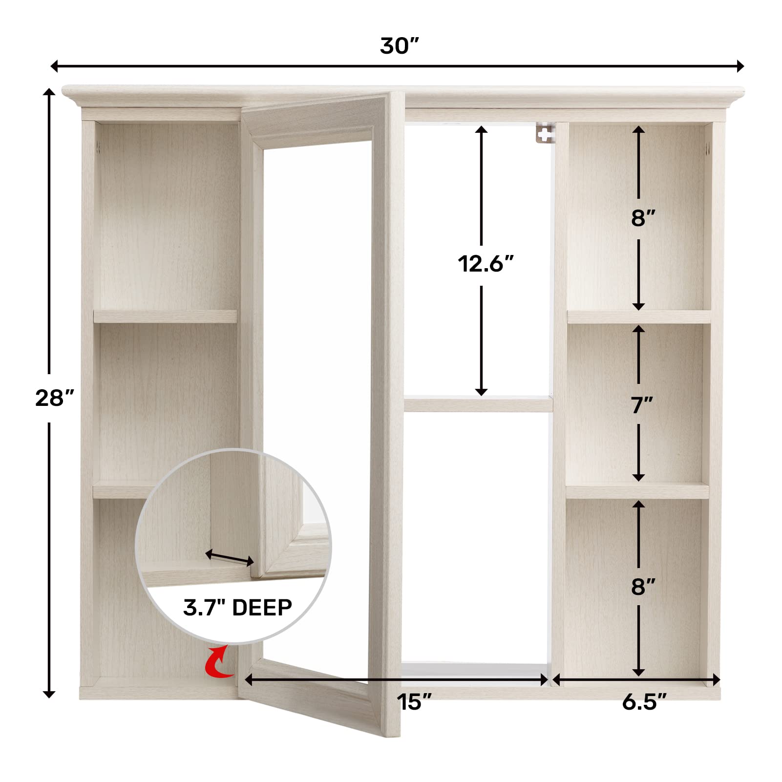 ALIMORDEN Mirror Medicine Cabinet with Shelves, Bathroom Wall Storage Cabinet, 30 Inch x 28 Inch, Over The Vanity, Toilet (No Back Board), White with Wood Grain