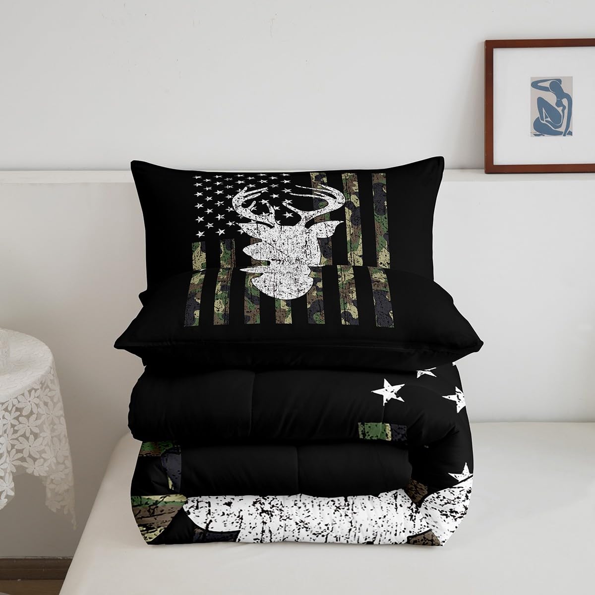 Deer Camo Comforter Set Queen Antlers Hunting Camo Bedding Sets For Teen Boys Men Camouflage American Flag Bed Comforter Set ,Western Farmhouse Wild Animal Bedding Quilt Black White Home Decor 3 Pcs