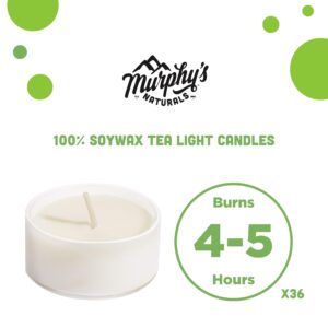 Murphy’s Naturals Soy Wax Tea Light Candles | Vegan | Responsibly Sourced Soy Wax | Fragrance Free | 36 Candles Per Box