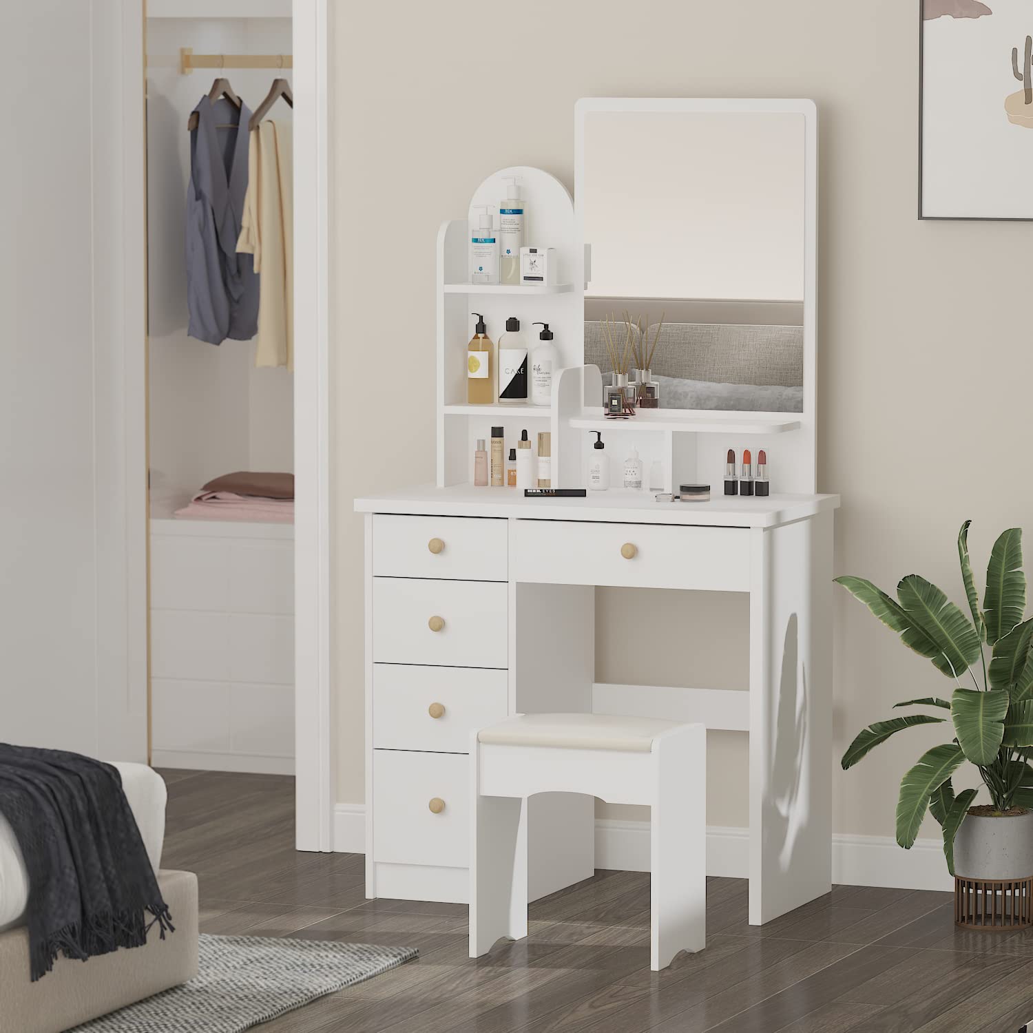 ECACAD Vanity Desk Set with Large Mirror, Makeup Vanity Dressing Table with 5 Drawers, Storage Shelves and Cushioned Stool for Bedroom, White