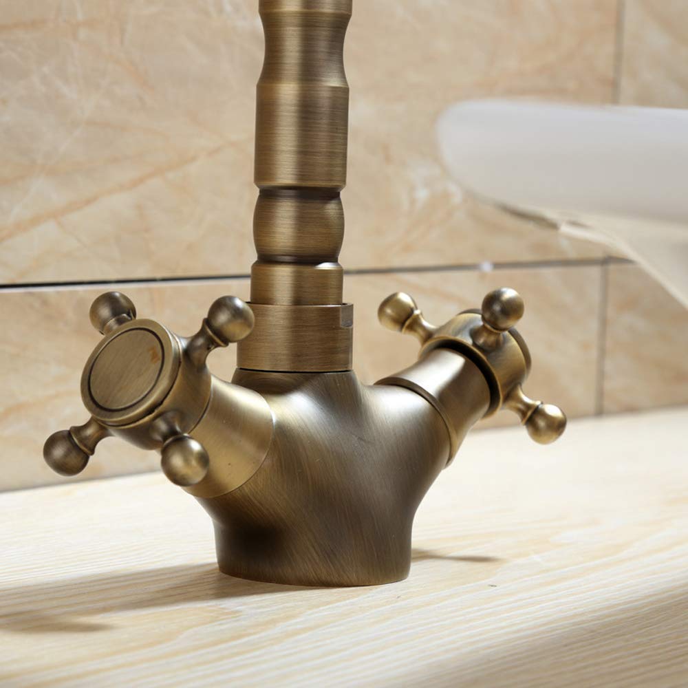 Bathtub Antique Copper Kitchen Tap Brass Lavatory Faucet Kitchen Sink Brushed Tap Washroom Gentle Vintage Faucet for Hot and Cold Water Kitchen Mixer Tap Dual- Lever Sw