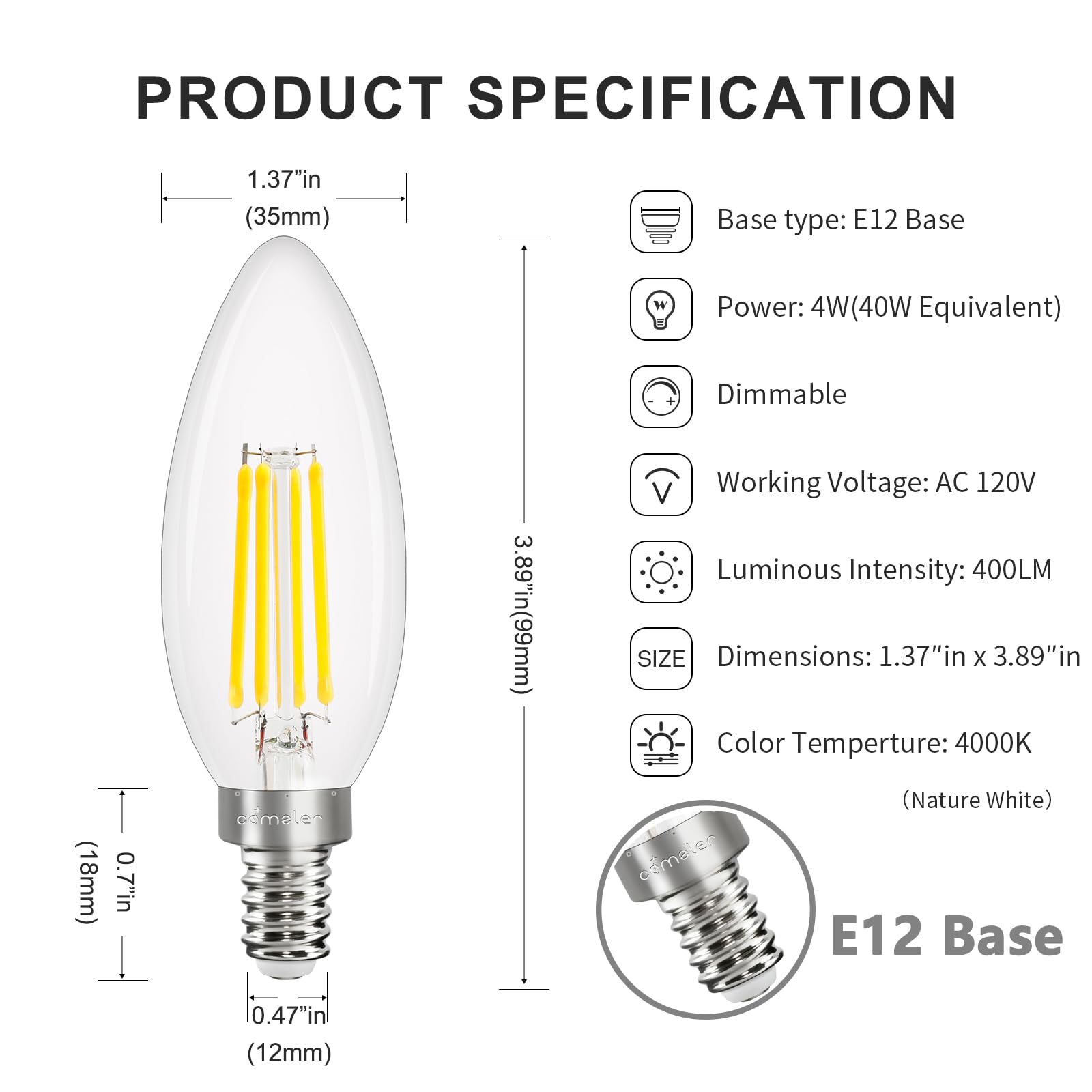 comzler E12 LED Candelabra Bulb Dimmable, Chandelier Light Bulb 4000K Neutral White,40W Equivalent,Type B Ceiling Fan Bulbs,C35 B11 Edison Filament Candle Bulbs Candle Lights,400LM,Pack of 6