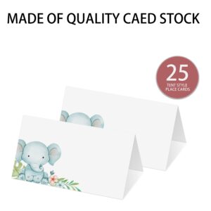 Place Cards for Blue Elephant Party, Editable Name Place Cards, Seating Place Cards for Tables, Tent Style Cards for Baby Shower, Birthday Party, Easy Folding, Pack of 25 Escort Cards(B04)