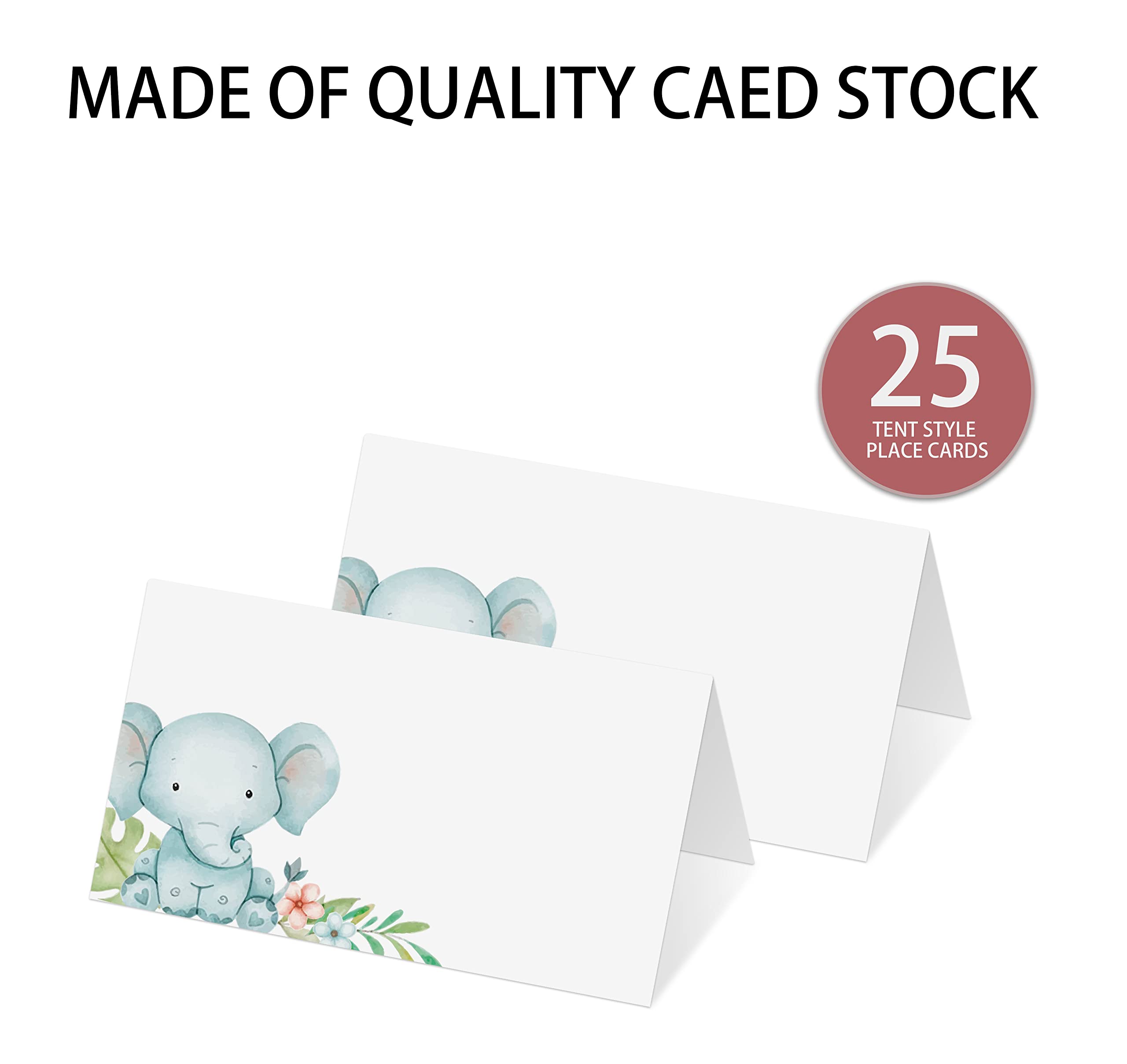 Place Cards for Blue Elephant Party, Editable Name Place Cards, Seating Place Cards for Tables, Tent Style Cards for Baby Shower, Birthday Party, Easy Folding, Pack of 25 Escort Cards(B04)