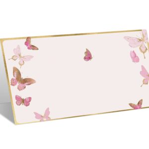 Place Cards for Pink Butterfly Party, Editable Name Place Cards, Seating Place Cards for Tables, Tent Style Cards for Wedding, Bride & Baby Shower, Easy Folding, Pack of 25 Escort Cards(B06)