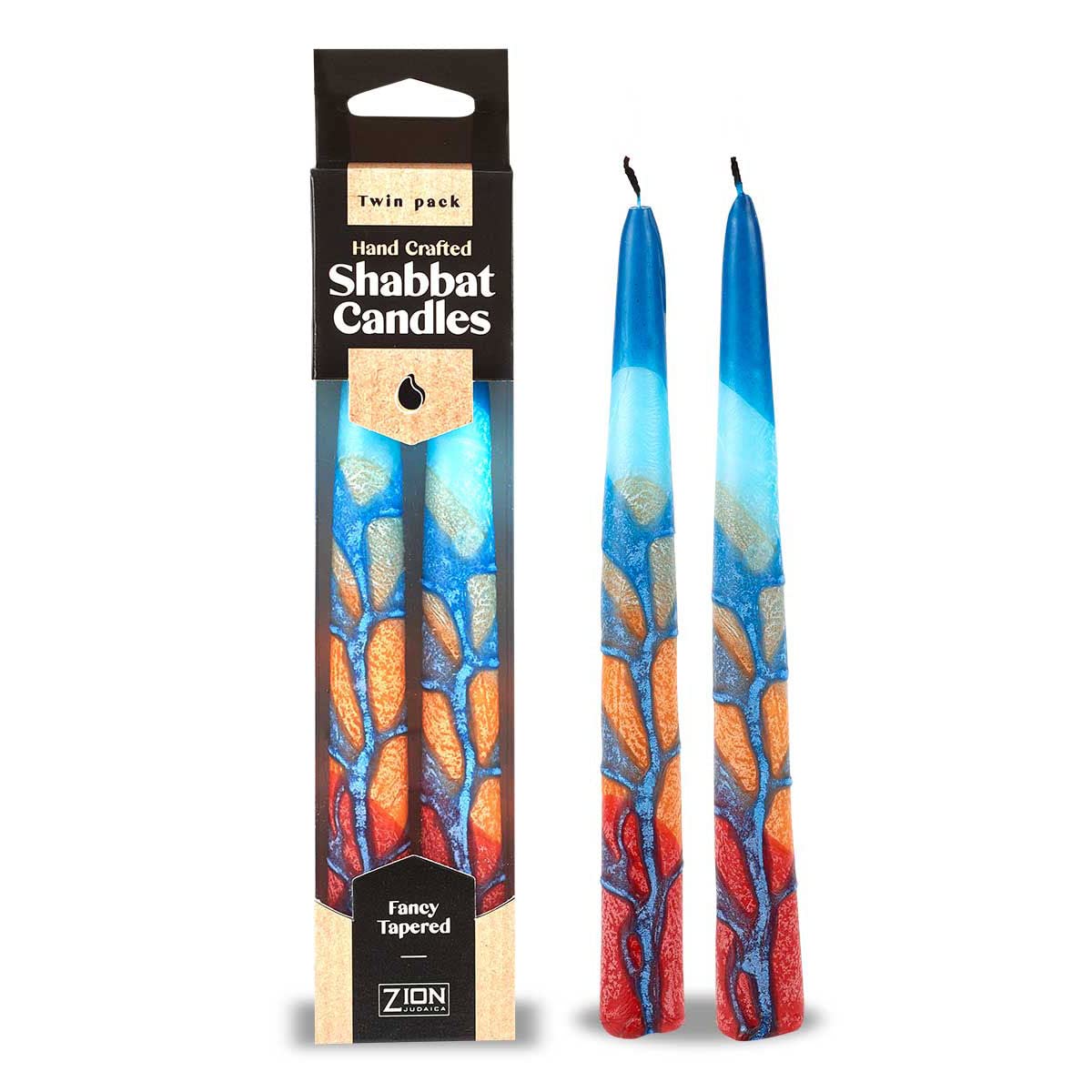 Decorative Thick Tapered Shabbat Candle Set 7.5 Inch Tall Hand Crafted Fancy Taper Candles Twin Pack - Dusk Reflection by Zion Judaica