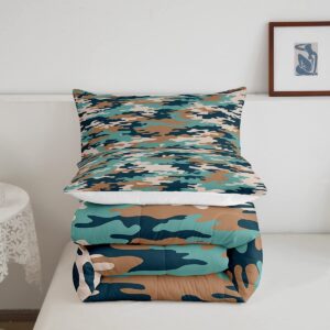 Camouflage Comforter Set Youth Army Camo Bedding Set for Kids Boys Girls 3D Military Art Comforter Teal Blue Brown Decor Quilt Set Room 3Pcs Queen Size