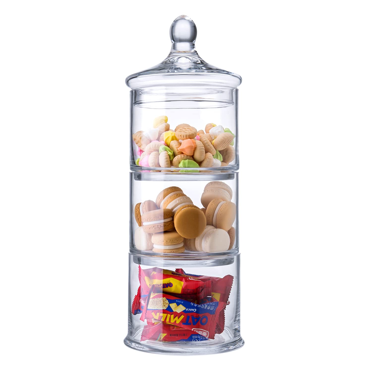 Diamond Star 14.5" 3 Tier Decorative Round Glass Storage Jars with Lids, Decorative Round Stackable Snack Storage Canister with Lid for Sweets, Animal Treats, Nuts, Coffee Bean and Building Blocks