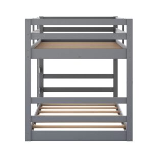 Twin Over Twin Low Bunk Bed, Solid Wood Floor Bunk Bed with Ladder, for Toddlers Kids Boys Girls (Gray)