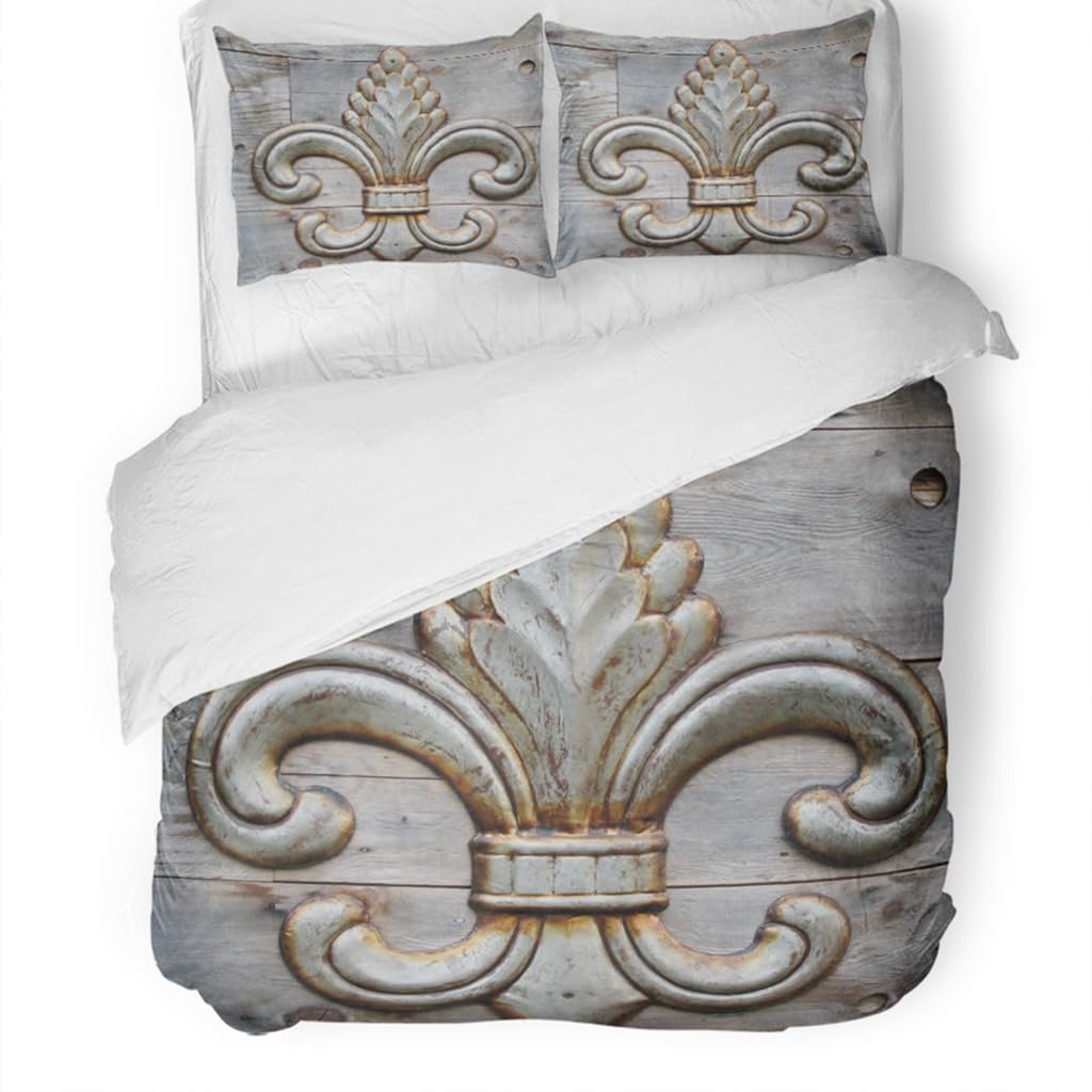 Flowers Fleur De Lis Duvet Cover Set King Include 1 Duvet Cover 2 Pillowcases Vintage Flower Iron Tin Antique Ornate Rustic Sign Wooden Comforter Cover Microfiber Soft Bedding Sets