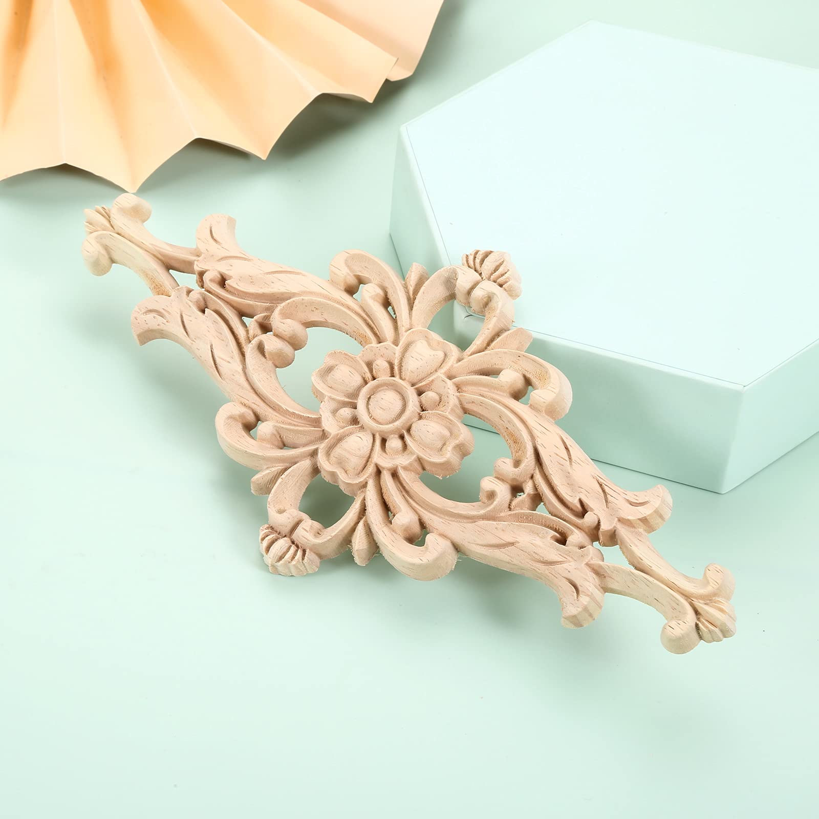 MUXSAM Wood Carved Appliques Furniture Decorative Onlays, 1Pc Unpainted DIY Center Carving Decal for Door Wall Ceiling Cabinet Dresser Mirror Bed Mantel Bench Decoration, 20x10cm/7.8"x3.94"