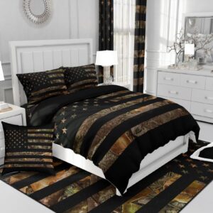 American Flag Camo Comforter Set Queen,Military Hunting Bedding Set Rustic Trees Leaves Camouflage Comforter for Boys Teens Kids Man Bedroom Nature Conifer Oak Branches Bedding Quilt Set 3 Pcs