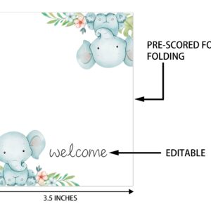 Place Cards for Blue Elephant Party, Editable Name Place Cards, Seating Place Cards for Tables, Tent Style Cards for Baby Shower, Birthday Party, Easy Folding, Pack of 25 Escort Cards(B04)