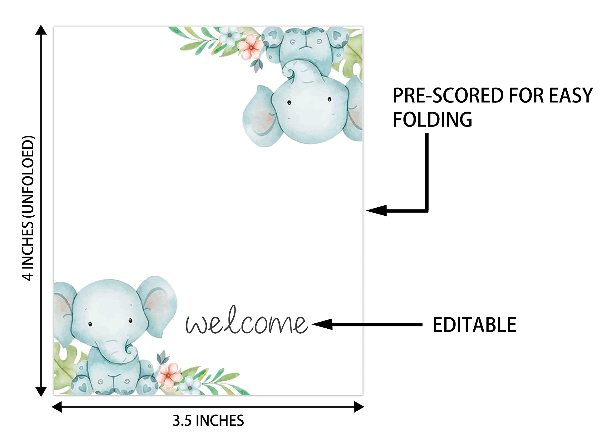 Place Cards for Blue Elephant Party, Editable Name Place Cards, Seating Place Cards for Tables, Tent Style Cards for Baby Shower, Birthday Party, Easy Folding, Pack of 25 Escort Cards(B04)