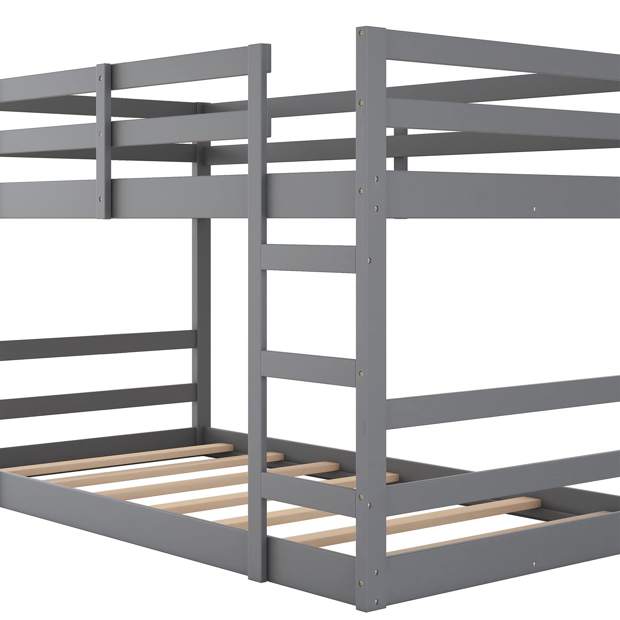 Twin Over Twin Low Bunk Bed, Solid Wood Floor Bunk Bed with Ladder, for Toddlers Kids Boys Girls (Gray)