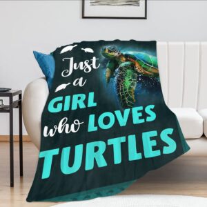 just a girl who loves turtles blanket, teal sea turtle decor throw blanket gifts for girls super warm soft plush lightweight fleece flannel blanket winter bedding blanket for kids adults women 40"x50"