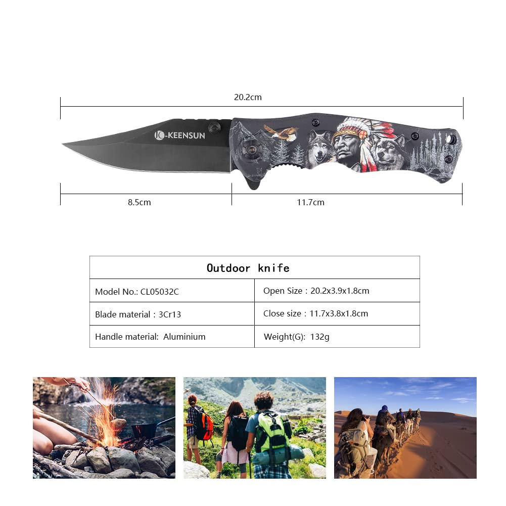 KEENSUN Pocket Folding Knife –Tactical Knife, Hunting Knife, Flipper Knife,EDC Knife.Speed Safe Spring Assisted Opening Knifes with Liner Lock,Thumb stud and Pocketclip.Good for Camping, Hiking, Indoor and Outdoor Activities,Native american & wolf 3D Prin